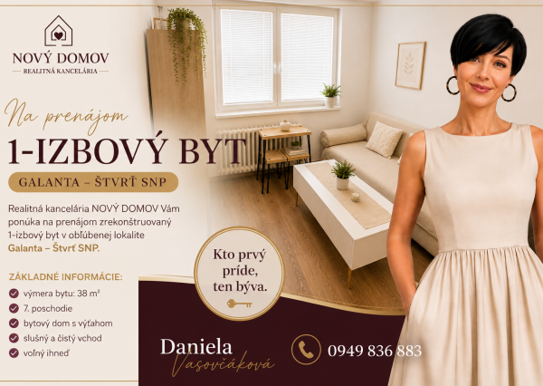 PRENÁJOM - 1 izbový byt - Galanta - štvrť SNP